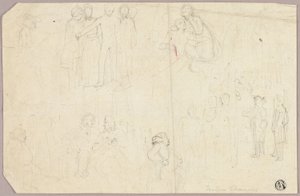 Skisser för Tristram Shandy (recto); Skisser av medaljong med sittande allegoriska figur (verso) av Thomas Stothard