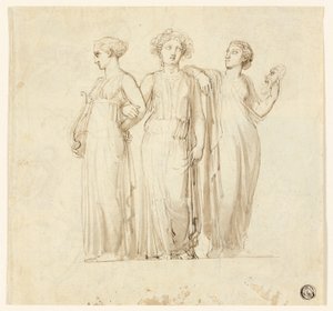 Tre musor (rekto); Studie av riddare och munk för en illustration i en gotisk roman (verso) av Thomas Stothard