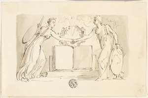 Två allegoriska kvinnliga figurer som knäpper händerna innan boken av Thomas Stothard