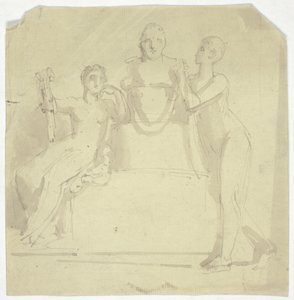 Två kvinnliga figurer med en byst av Thomas Stothard