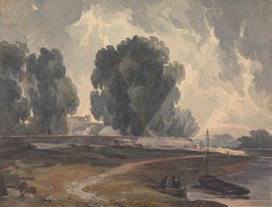 Landskap med träd och sjö med figurer och båt av Thomas Sully