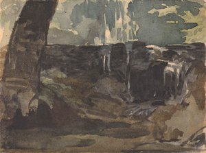 Stenigt landskap, stor trädstam i förgrunden av Thomas Sully