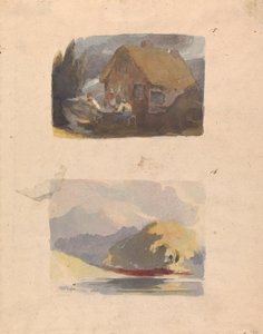Två ritningar på ett ark: Stuga med figurer framtill (nr 15); Landskap med flod och berg - Sunshine (nr 16) av Thomas Sully