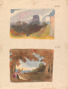 Två teckningar på ett ark: Landskap med slott - modernt sätt (nr 13); Landskap med figurer i förgrunden (nr 14) av Thomas Sully
