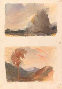 Två teckningar på ett ark: Landskap med stor klippa i förgrunden - Cuyps princip (nr 3); Landskap med träd i förgrunden, berg på avstånd - bådas princip (nr 4) av Thomas Sully