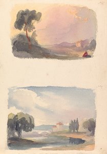 Två teckningar på ett ark: Landskap med berg på avstånd och sittande figurer i förgrunden (nr 1); Landskap med flod och byggnad, berg på avstånd (nr 2) av Thomas Sully
