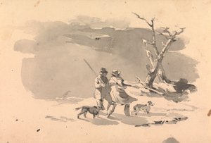 Två jägare och två hundar i vinterscenen av Thomas Sully