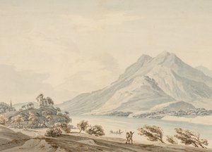 Berget Rigi och det antika slottet i Hapsbourg vid Luzernsjön (wc över grafit på papper)