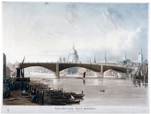 Vy över "Southwark Iron Bridge" från Bankside, London, 1819
