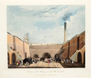 Ingången till järnvägen vid Edge Hill, Liverpool, 1831 (handkolorerat gravyr)