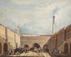 Ingången till järnvägen vid Edge Hill, Liverpool, graverad av H. Pyall, 1831 (handfärgad etsning och akvatint)