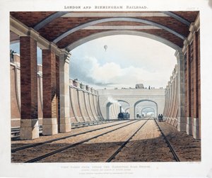 Utsikt tagen från Under Hampstead Road Bridge, med utsikt mot stationen vid Euston Square, 1837 (handfärgad gravyr) av Thomas Talbot Bury