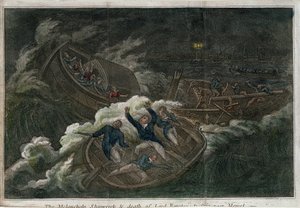 Det melankoliska skeppsbrottet och Lord Roystons död. Litografi (17,5 x 25,8 cm), London (England) edition, av Thomas Tegg (1808). Engelsk konst av Thomas Tegg