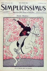 Karikatyr av Benito Mussolini (1883-1945), omslag till "Simplicissimus" Magazine, publicerad i München, 24 september 1923 (lito i färg)