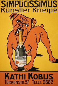 Vintage affisch av bulldog som biter champagneflaska (affisch) av Thomas Theodor Heine