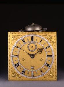 Detalj av en Karl II romersk slående klocka med lång låda, 1675