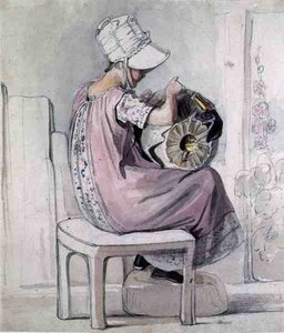 A Girl Lacemaking (akvarell och penna på papper) av Thomas Unwins