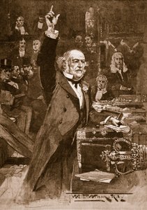 Introduktion av lagförslaget om hemmastyre: Mr. Gladstone levererade sin predikan, 1886, illustration från 