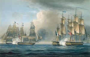 HMS Arethusas tillfångatagande av Pomone utanför Kuba 1806, graverat av T. Sutherland för "The Naval Chronology of Great Britain" av J. Ralfe, publicerad 1820.