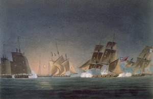HMS Rinaldo engagerar fyra franska kapare, graverad av J. Bailey för 