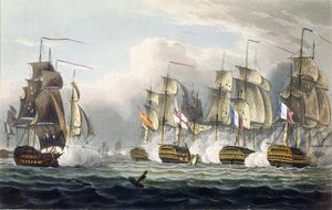 Situationen för HMS Bellerophon efter döden av hennes befälhavare kapten Cooke i slaget vid Trafalgar den 21 oktober 1805, graverad av T. Sutherland för 