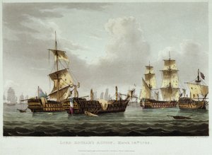 Sjöslaget under ledning av Lord William Hotham (1736-1813) den 14 mars av Thomas Whitcombe