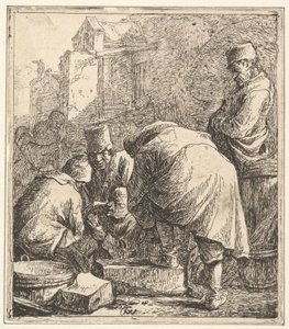 Man justerar sina skor, till vänster Tre män spelar kort, 1630-77.