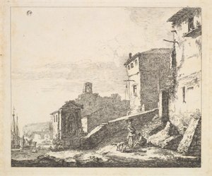 Byscen med kvinna som står bredvid en sittande man kopia, 1600-tal.