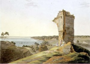 Utsikt från ruinerna av fortet Currah, vid floden Ganges, skylt XXI från del 4 av "Oriental Scenery", pub. 1803 (akvatint) av Thomas und William Daniell