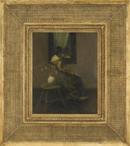 The Mirror, 1907 (olja på träpanel) av Thomas Wilmer Dewing
