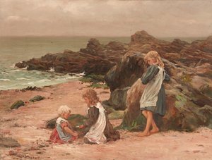 Barn på en stenig strand (olja på duk) av Thomas Wilson