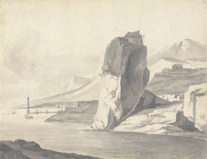 En kustscen (italiensk) med vågbrytare, höga klippor och ett fort