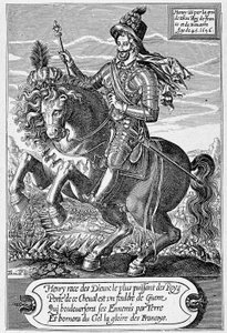 Porträtt av Henrik IV (1553 - 1610) (en häst) 45 år, graverad av Thomas de Leu.