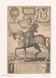 Porträtt av Ludvig XIII till häst, med utsikt över Paris i bakgrunden