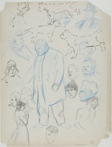 Blad med skisser: Män, kvinnor och katter (recto); Blad med skisser: Män och kvinnor (baksida) av Théophile Alexandre Pierre Steinlen