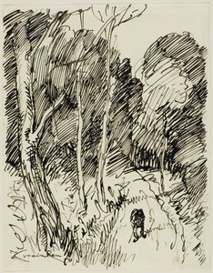 Skogsklädd landskap med Vagabond av Théophile Alexandre Pierre Steinlen