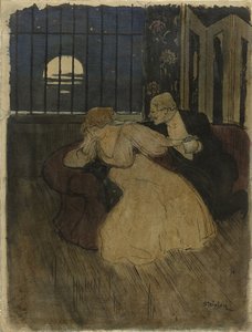 Gentleman i kjol försöker övertala en tvivlande dam på en soffa av Théophile Alexandre Steinlen