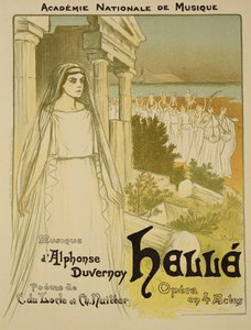 Reproduktion av en affisch som gör reklam för operan "Helle", som uppfördes av Academie Nationale de Musique, 1896.