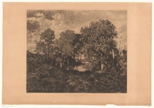 Vy över skogen Fontainebleau med en figur vid en pöl Une Mare - Forêt de Fontainebleau. (titel på objekt) av Théophile Chauvel