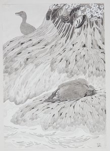 En ejder och en död fågel på en strand av Thorolf Holmboe