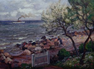 Sommarlandskap med trädgårdsport och kvinna (olja på duk)