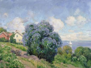 Sommarlandskap med syrenbuske, hus och segelbåt (olja på duk)