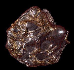 Trakisk civilisation: guld-silver-lampett som representerar en ryttare attackerad av en björn. 400-350 f.Kr. Lovtch, Historiska avdelningens museum, Bulgarien
