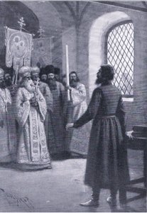 Boris Godunov i pension vid klostret vädjade om att acceptera hans val till tsar, illustration från Landmarks in European History publicerad av Gresham Publishing Co, ca 1920 (litho)