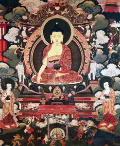 Buddha sittande mellan sina två stora lärjungar Cariputra och Maudgalyayana, scener från Buddha Sakyamunis liv, tibetansk civilisation av Tibetan School