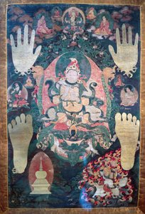 Gnya-Khri btsan-Po, legendarisk första kung av Tibet, reinkarnation av bodhisattva Avalokitesvara, en av de timliga och andliga ledarna i Tibet, målning på duk, tibetansk civilisation av Tibetan School