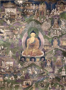 Thangka of the Buddha (gouache på duk) av Tibetan School