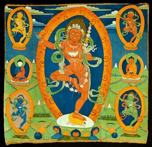 Thangka-målning föreställande Dakini Vajravarahi (Do rje pag mo) tibetansk, 1800-tal (valpsjuka på calico) av Tibetan School