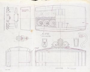 En ritning av design för ett Tiffany & Co.-utställningscentrum och två treljus kandelabrar, gjorda för 1939 års världsutställning, ca 1939 (bläck på papper) av Tiffany and Company