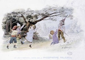 Barnspel: barn som leker krig, soldater - dess. de Lobrichon, red. av Phosphatine Falières, v.1920